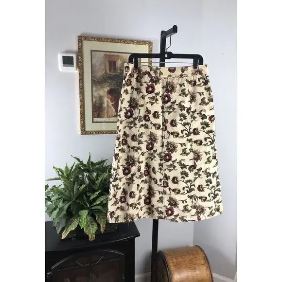Eddie Bauer Skirt Size 10 Tall Beige Green Corduroy Floral Pencil Pockets Zipper - Picture 3 of 7